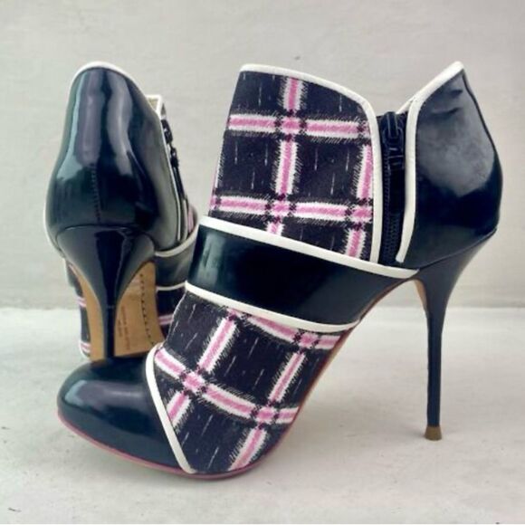 Sophia Webster Plaid Patent Leather High Heel Ankle Boots Black Pink Size EU 39 - Picture 4 of 16